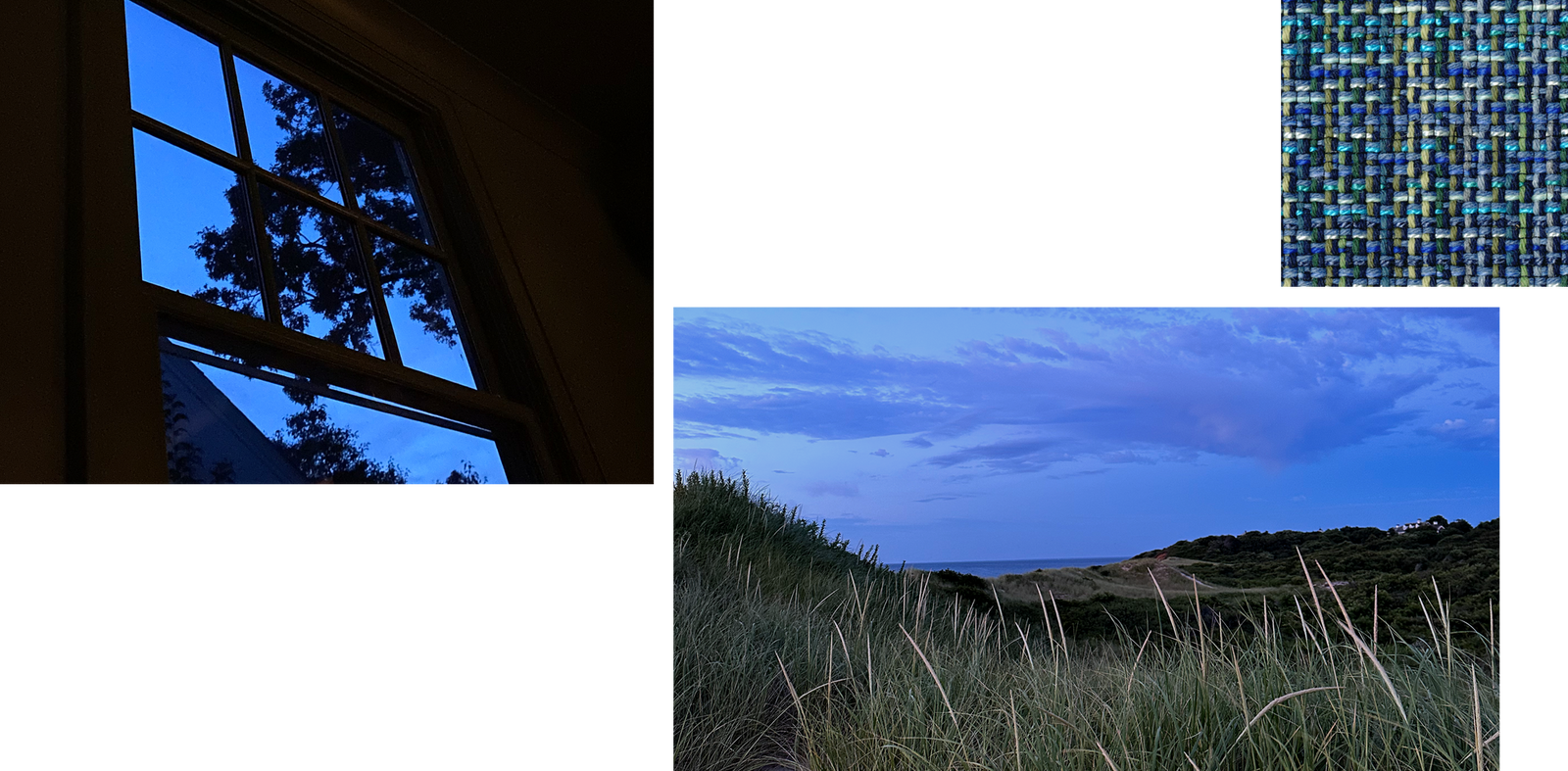 Dark room with window. Blue sky outside.
Landscape of dunes at dusk.
Swatch of fabric with various shades of blue and green.