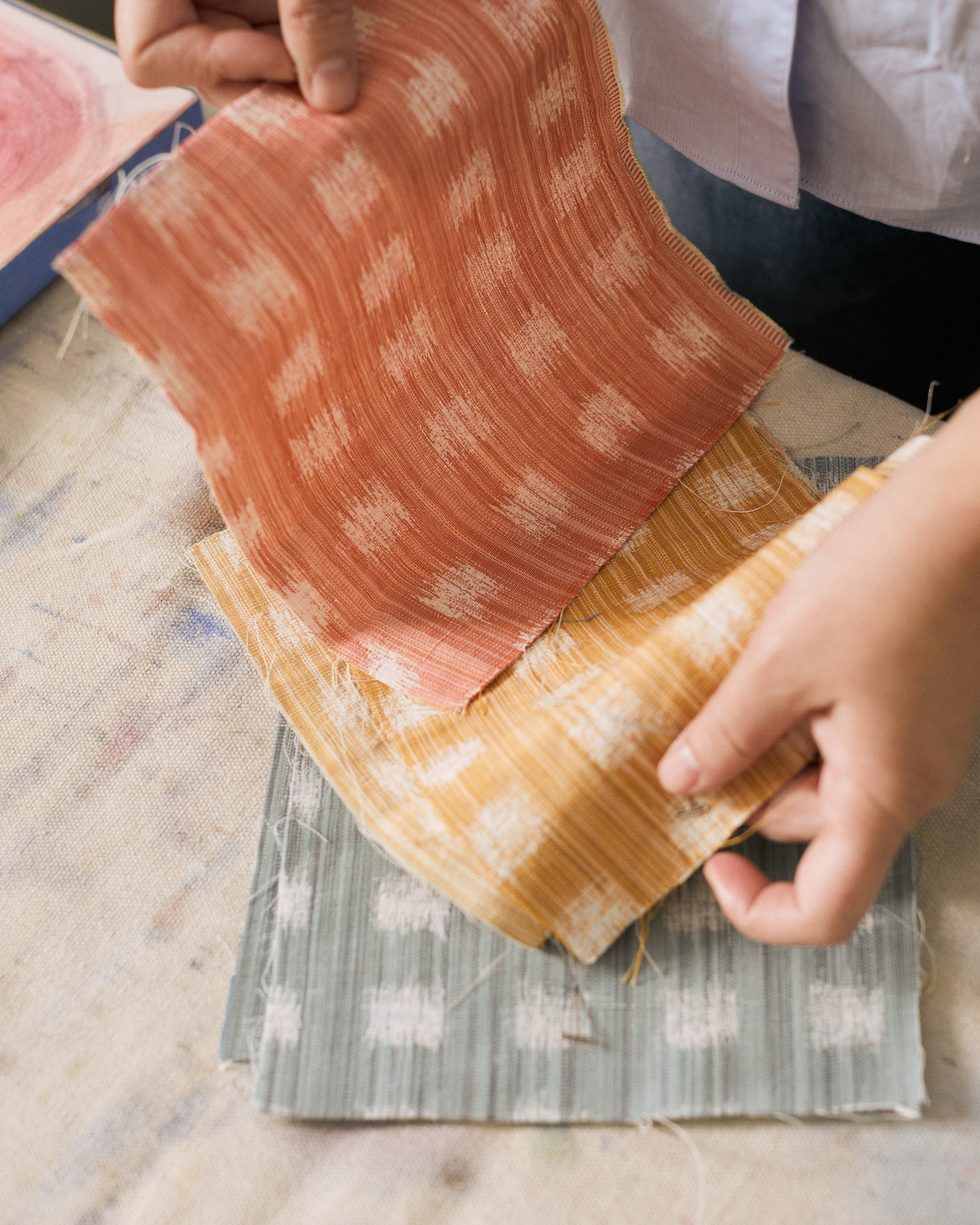 Gridded Ikat Fabric in Pale Marine