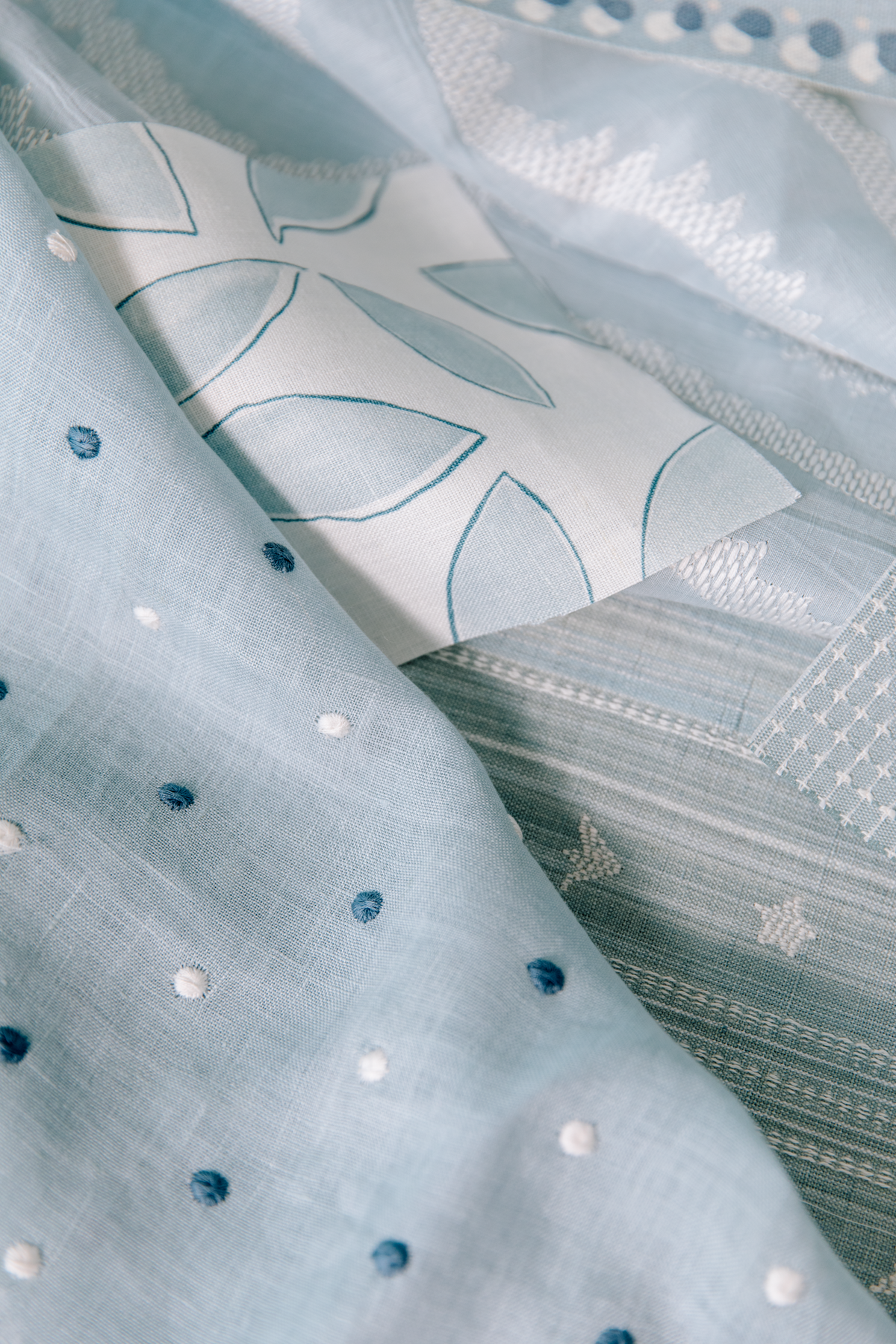 Embroidered Dots Sheer Fabric in Light Blue