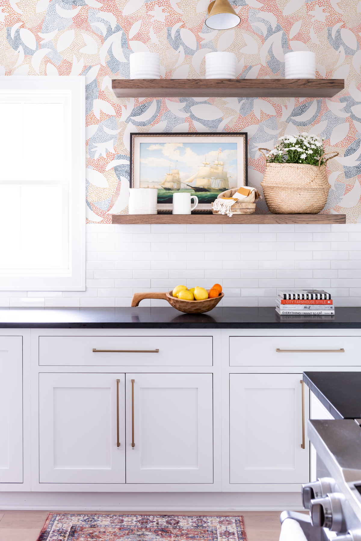 Dotted Leaves Wallpaper in Peach/Blue