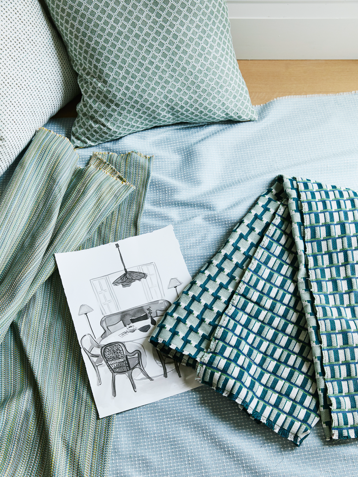 Blocks Fabric in Sage/Marine