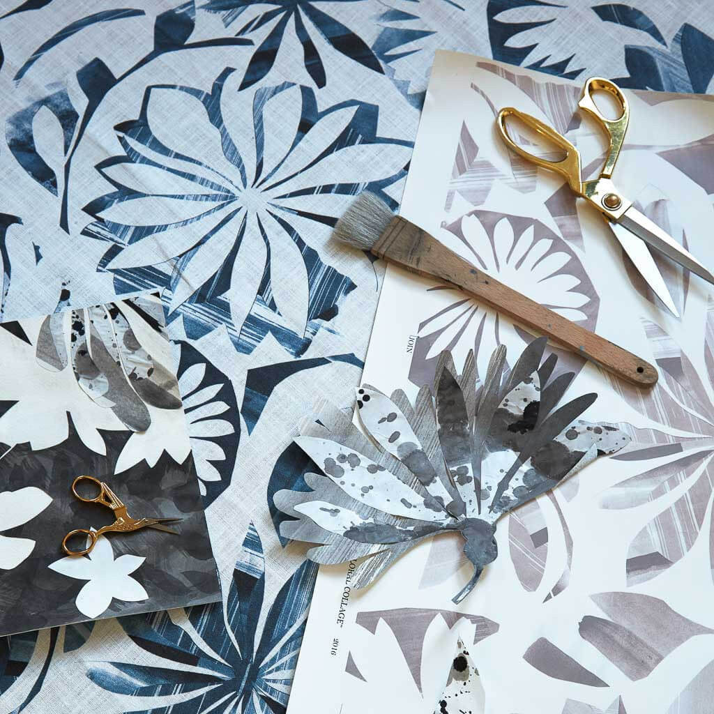 Floral Collage Fabric in Navy
