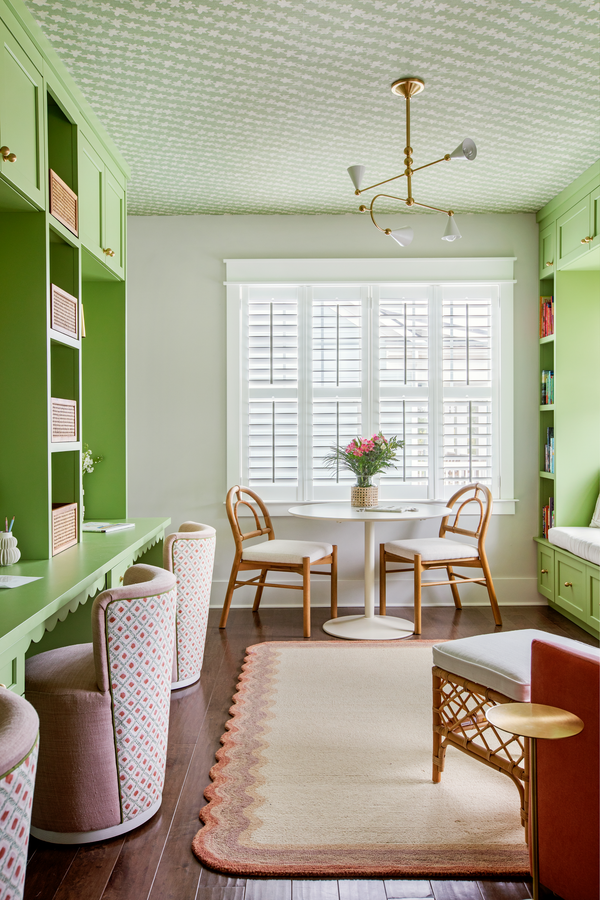 Braided Diamonds Upholstery in Rose/Green + Stamped Garland Wallpaper in Green