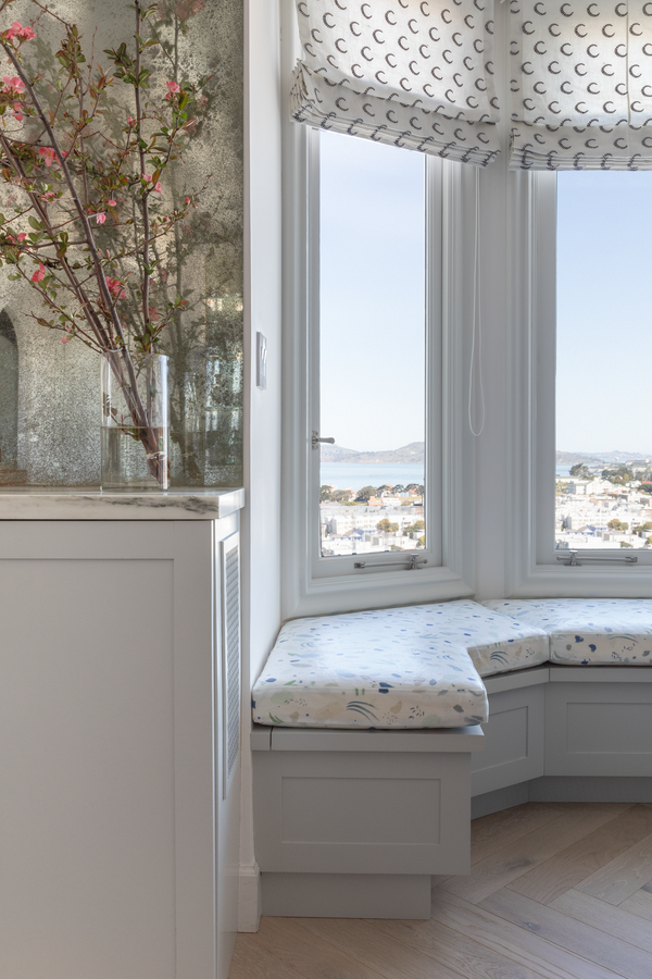 Striped Moon in Taupe/Black Roman Shades and Meadow in Blue Morning Bench Upholstery