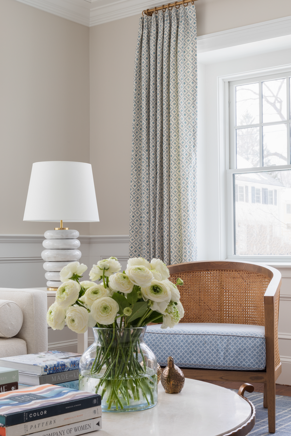 Braided Diamonds in Blue/Taupe Draperies and Lattice in Pale Mist Upholstery