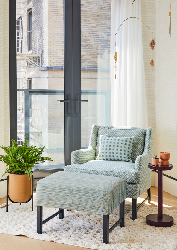 Lattice in Grass Chair Upholstery, Horizon in Field Ottoman Upholstery, Gridded Ikat in Dennis Green Pillow and Arches Wallpaper in Parchment