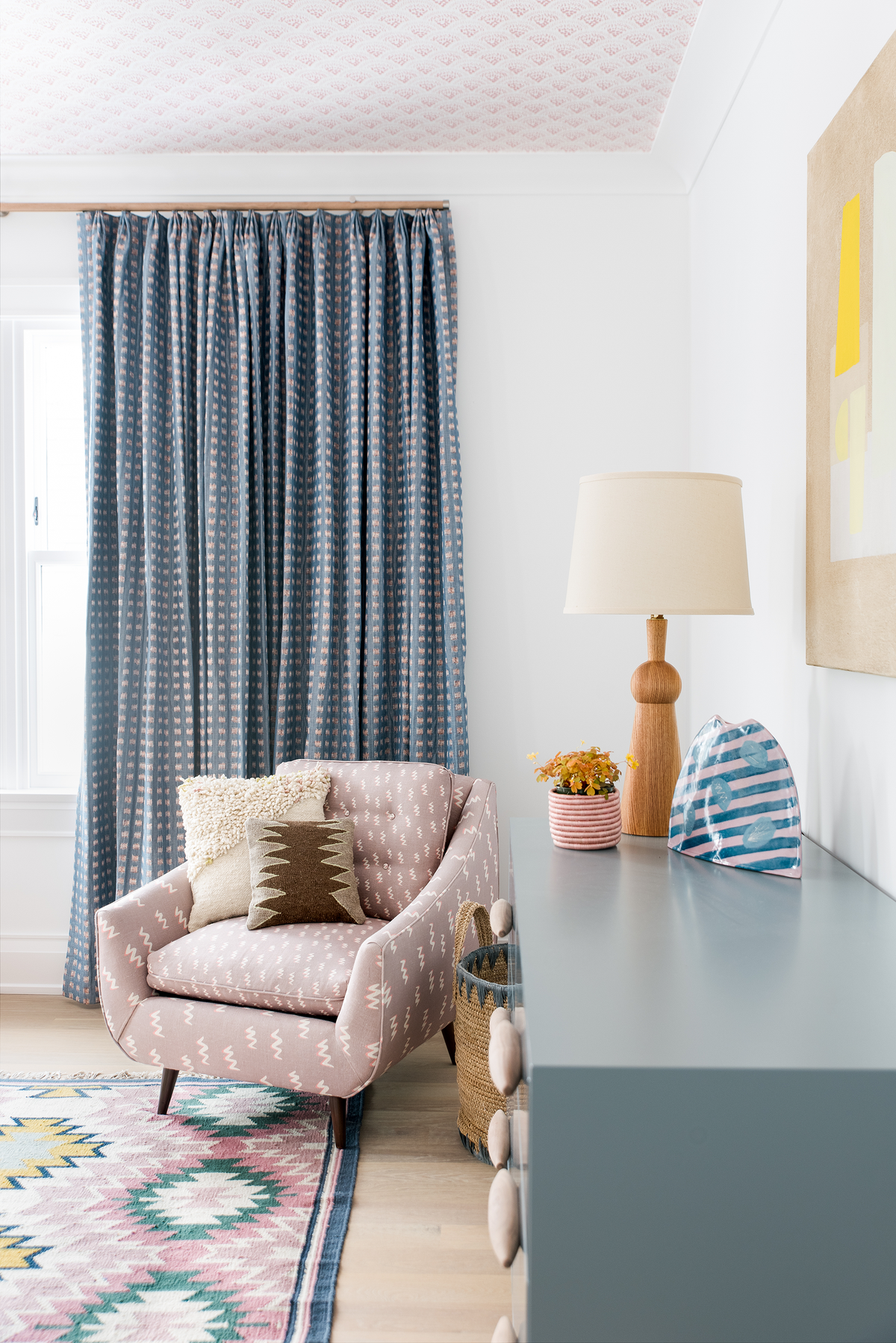 Gridded Ikat Curtains in Blue Pink