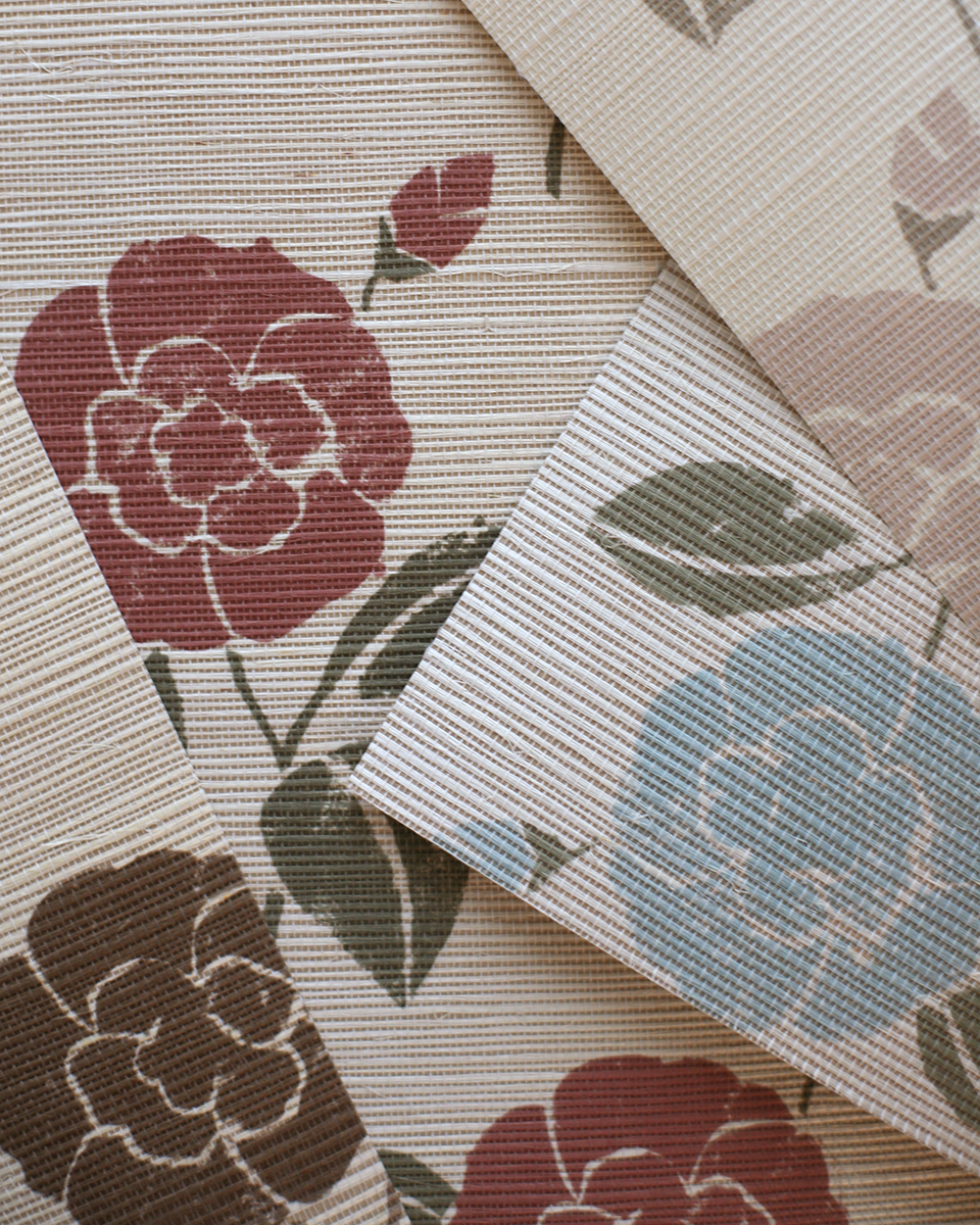 Stenciled Camellia Wallpaper in Brown