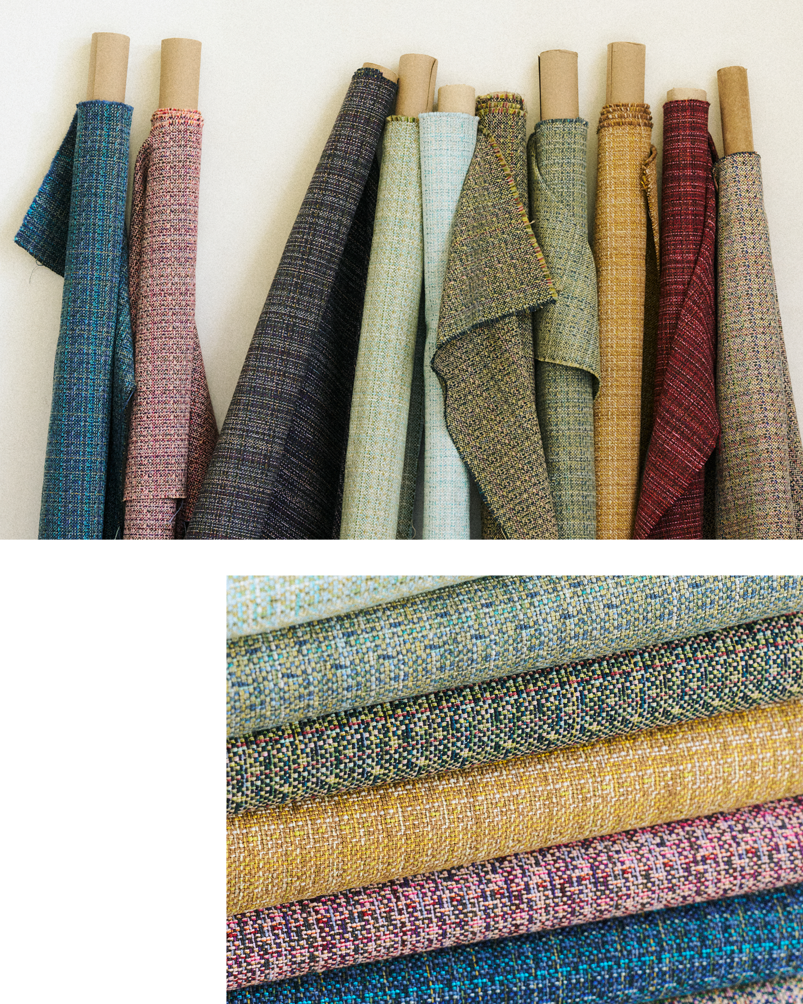 Rolls and stacks of fabrics in blues, pink, purple, greens, yellows, and red. This is an upholstery cotton blend fabric.