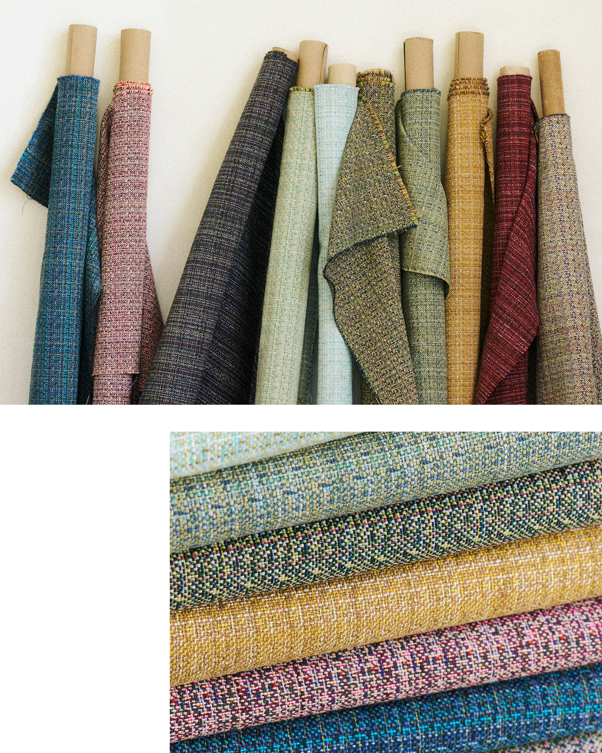 Rolls and stacks of fabrics in blues, pink, purple, greens, yellows, and red. This is an upholstery cotton blend fabric.