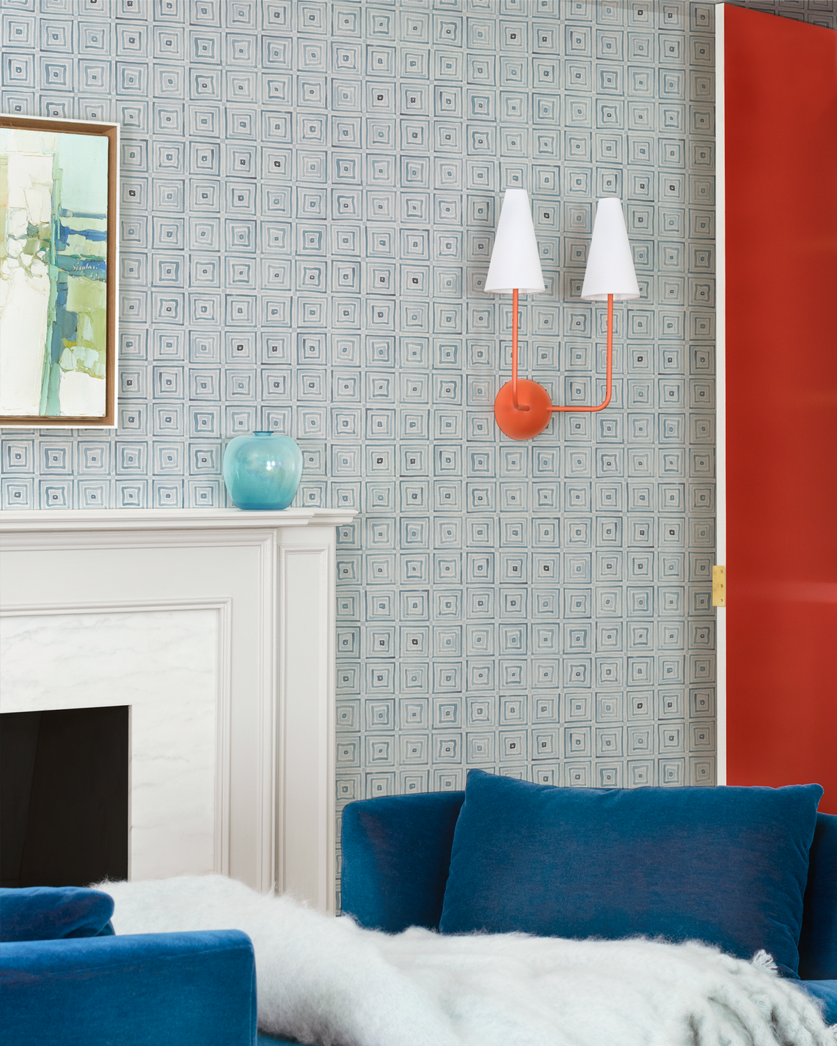 Concentric Squares Wallpaper in Light Blue