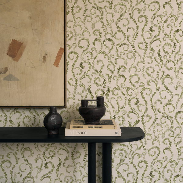 Painted Curling Vines Wallpaper in Green