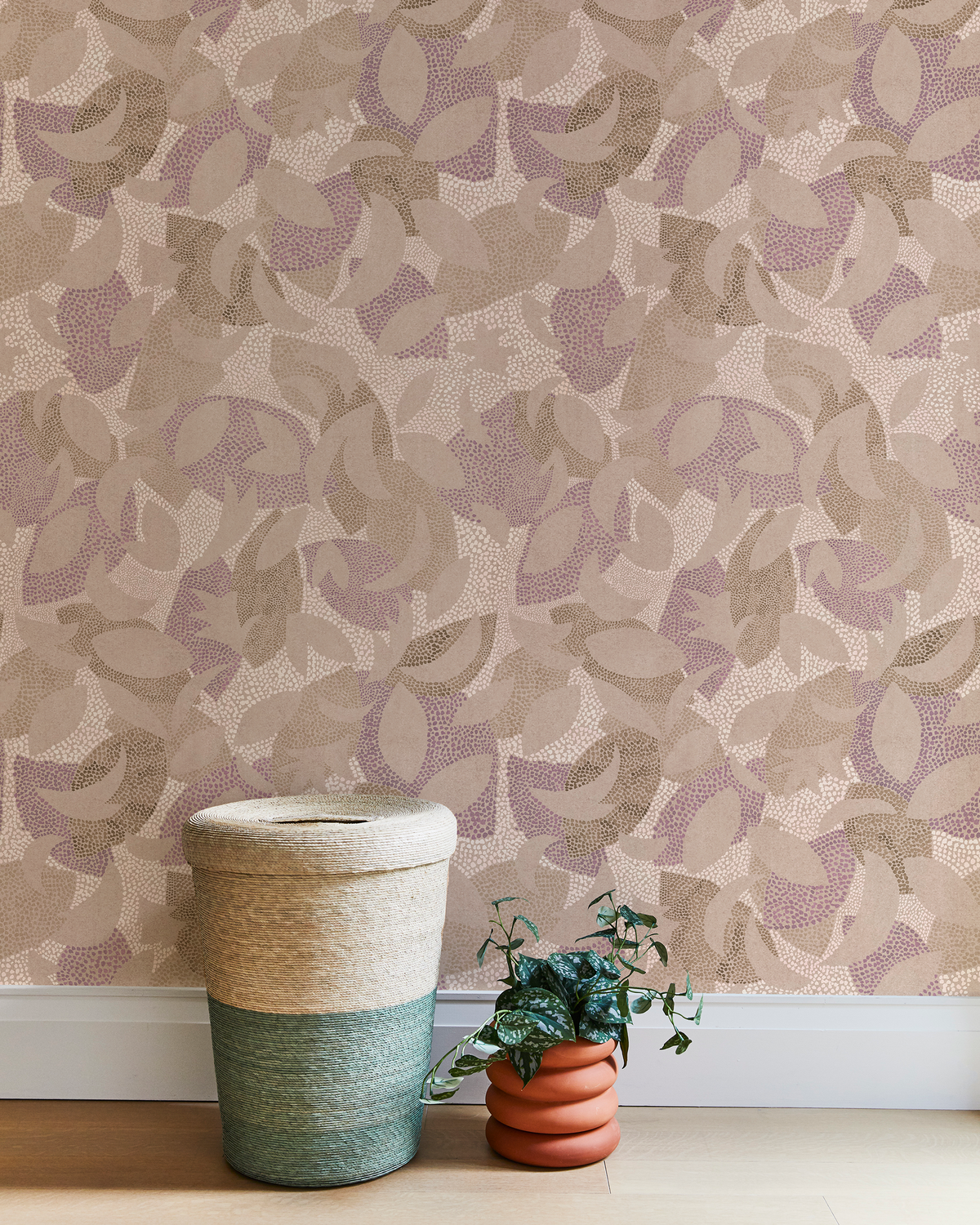 Dotted Leaves Wallpaper in Fawn/Purple