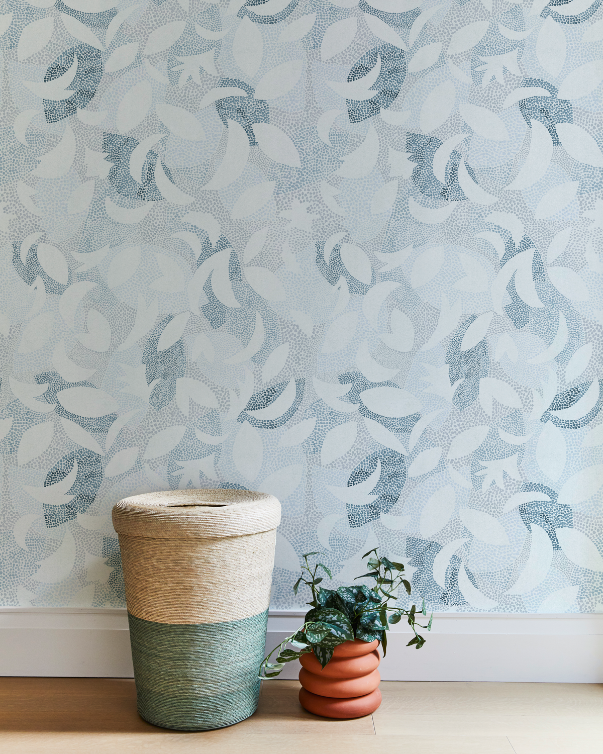 Dotted Leaves Wallpaper in Light Blue