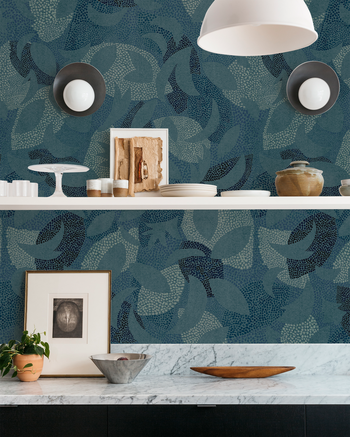 Dotted Leaves Wallpaper in Navy