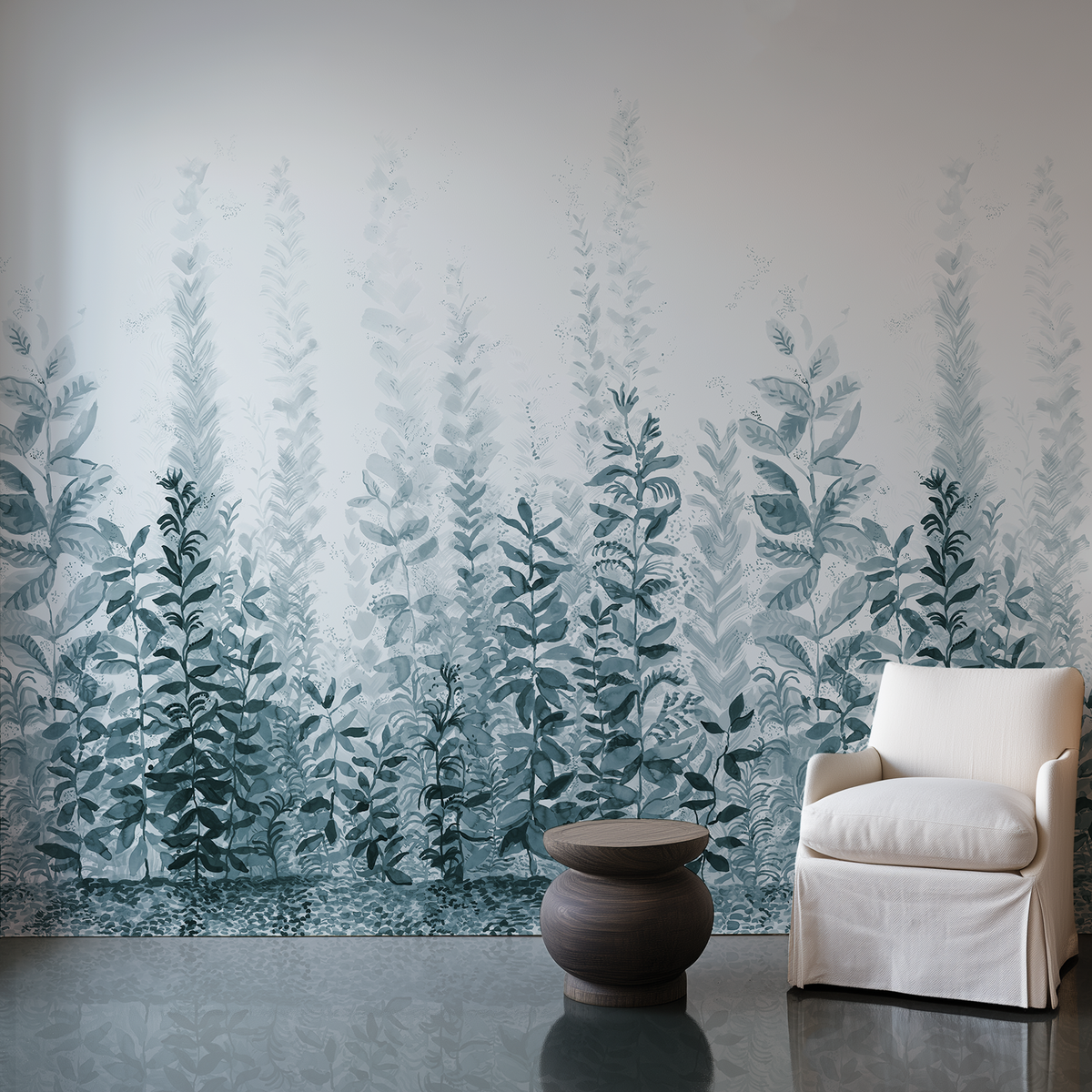 Misty Morning Mural in Dark Blue