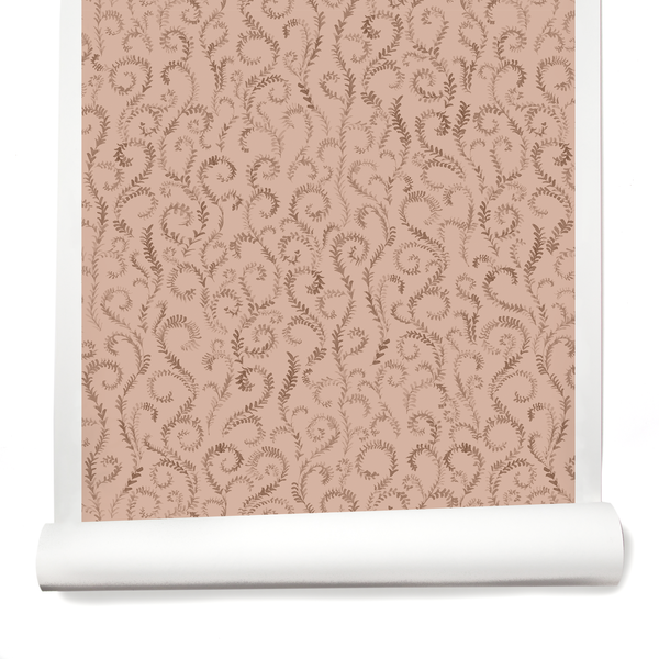 Painted Curling Vines Wallpaper in Pink Clay