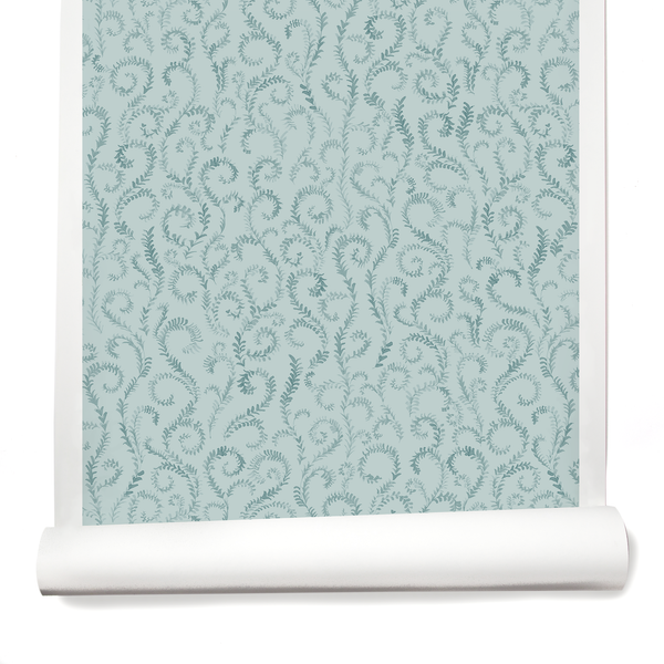 Painted Curling Vines Wallpaper in Sea Glass