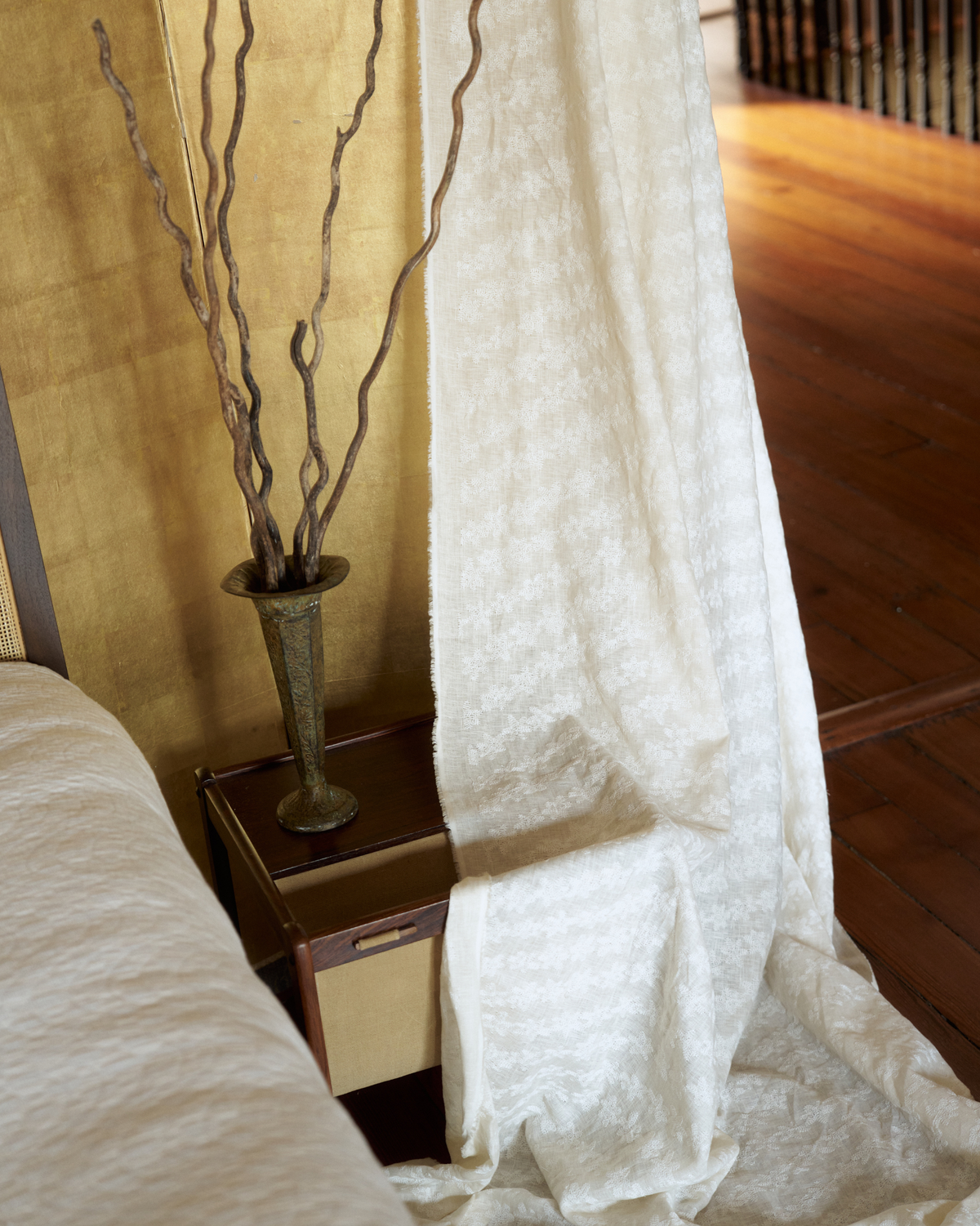 Stamped Garland Embroidered Fabric in Off-White