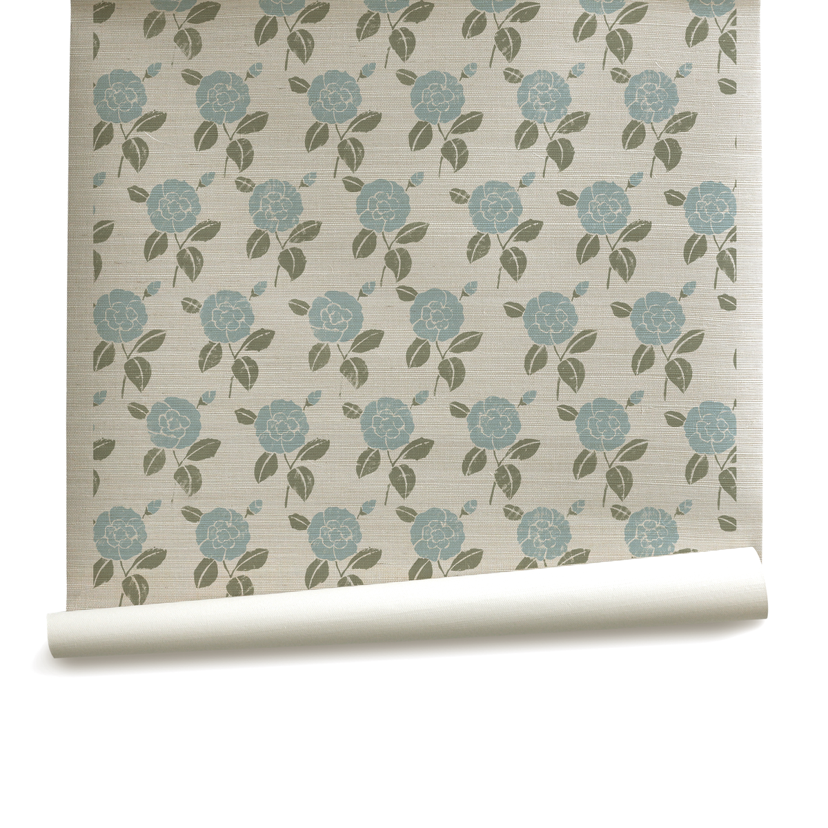 Stenciled Camellia Wallpaper in Light Blue