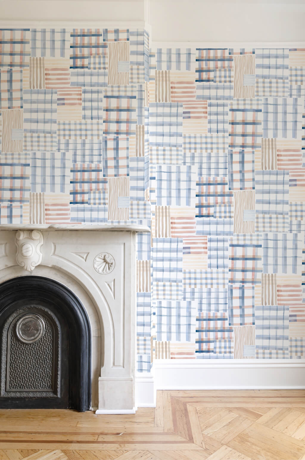 Patchwork Plaid Wallpaper in Blue/Peach