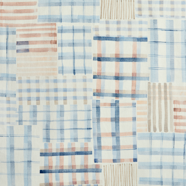 Patchwork Plaid Fabric in Blue/Peach